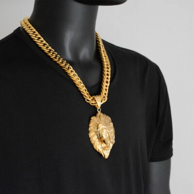Big Lion Head Pendant Mens Heavy Necklace Stainless Steel Cuban Miami Link Chain - Image 1 of 4