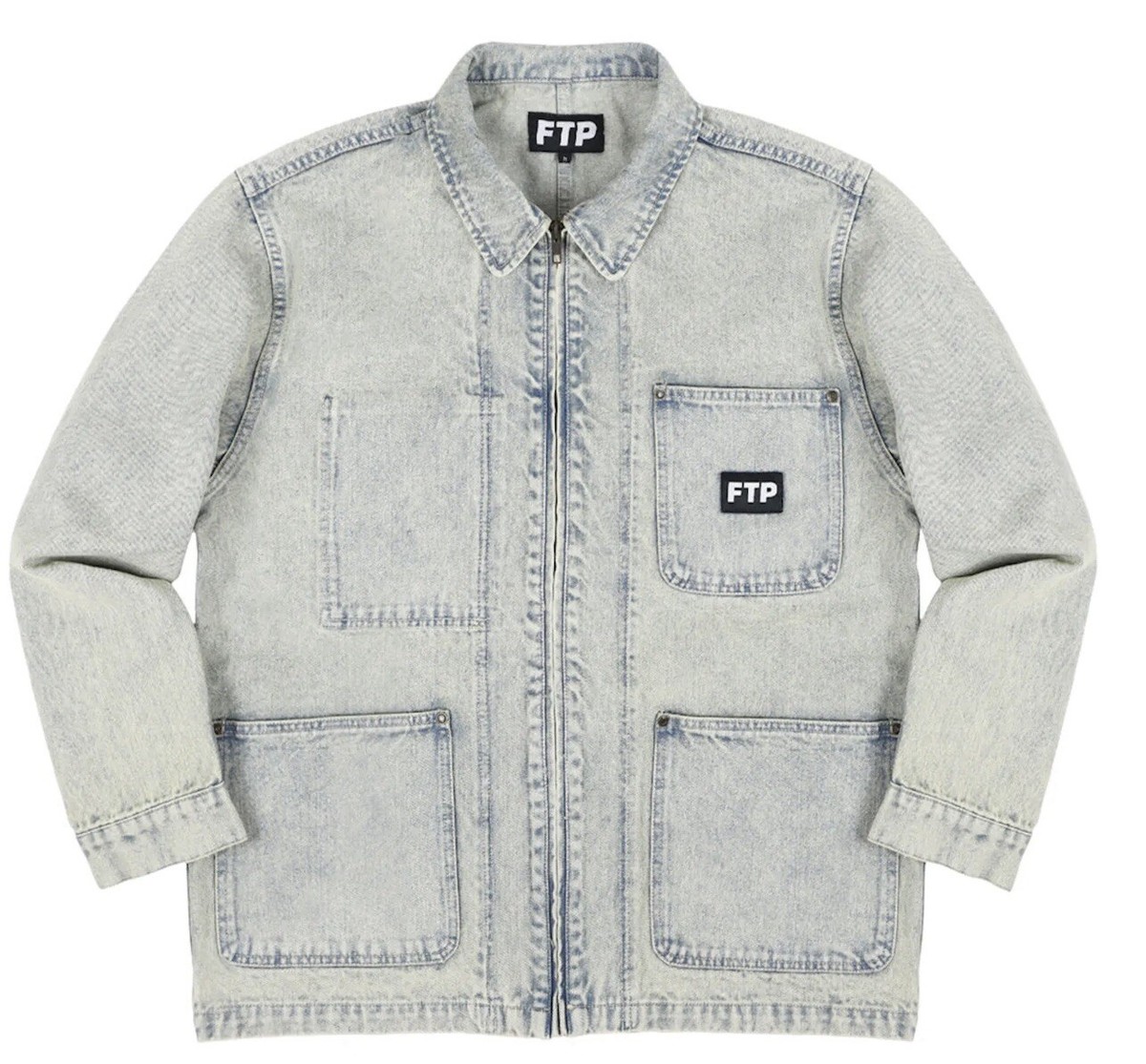 FTP Frayed Denim Chore Jacket Mens XL Logo Full Zip Dirt Wash | eBay