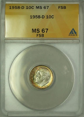 1958-D Silver Roosevelt Dime 10c ANACS MS 67 FSB Toned - Image 1 of 2