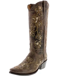 Floral Embroidery Distress Cowboy Leather Boots Western Wear Dress Point Brown - Picture 1 of 7