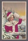 CHRISTMAS - GIRL IN RED SILK COAT WITH WHITE HAND MUFF EMBOSSED VTG POSTCARD