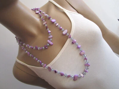 Hals Kette Modekette Bettelkette lang Perlmutt Perlen Flieder Lila Endloskette - Bild 1 von 4