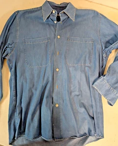 Camisa Hugo Boss Para Hombres Azul Sólido Denim Cambray Abotonada Manga Larga Talla L - Imagen 1 de 8