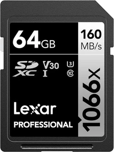 Lexar 64GB Professional 1066x SD Card, UHS-I, C10, U3, V30, Full 64GB, Black  - Picture 1 of 7