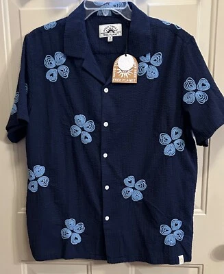 Free Planet Button Down Shirt Medium M Seersucker Embroidered Blue Navy New - Image 1 of 4
