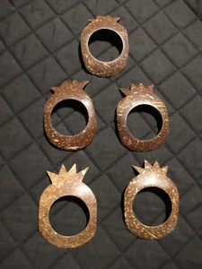 Coconut Shell Napkin Rings Natural Brown Pineapple Shape Vintage Lot Set of 5 - Picture 1 of 7
