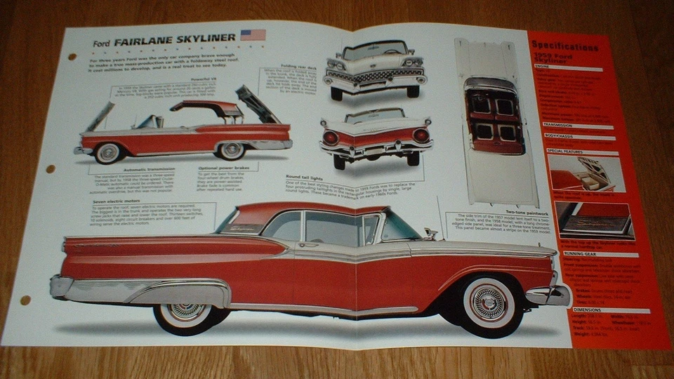 Ford Fairlane Skyliner 1959 hoja de especificaciones folleto póster información impresa 59 convertible Foto 1 de 1