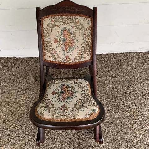 Vintage Folding Rocking Chair Tapestry Seat Carved Wood Rocker Victorian Style Cover