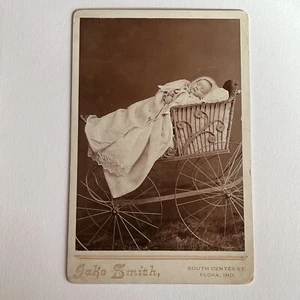 Antique Cabinet Card Photograph Post Mortem Baby In Elaborate Carriage Flora IN - Picture 1 of 10