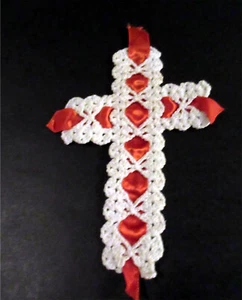Vintage Bookmark Hand Crocheted Cross with red ribbon - Picture 1 of 2