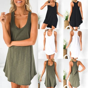 Women Fashion Summer U Collar Sleeveless Tank Dress Plus Size S-8XL - Picture 1 of 19