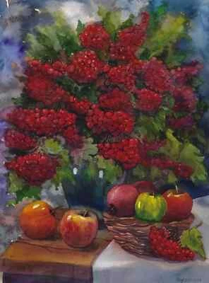   viorne rouge avec fruits  NATURE MORTE 30 x40cm automne aquarelle original   - Photo 1/4