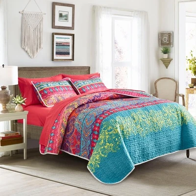 Juego de edredón bohemio colorido Tititada 2 piezas tamaño doble, boho rayas rosa n... Foto 1 de 4