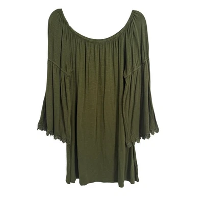 Heart Soul Women's XL Fairy Boho Olive Green Crochet Lace Trim Bell Sleeve Tunic - Image 1 of 4