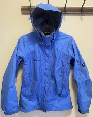 Jaqueta Marmot Feminina Pequena Azul com Capuz Esqui Concha de Neve Impermeável Chuva - Imagem 1 de 4