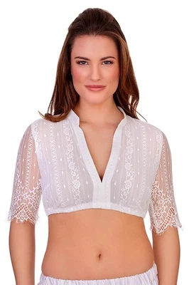 MarJo Trachten Dirndlbluse Loretta-Linda offweiß halbarm Spitze V-Ausschnitt - Bild 1 von 3