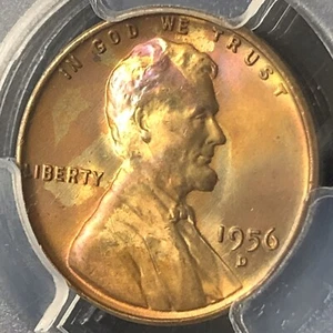 1956-D 1C RB Lincoln Wheat One Cent  PCGS MS66RB Rainbow Toning    34008610 - Picture 1 of 4