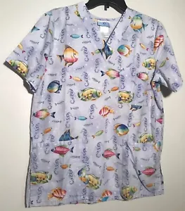 SIMPLY BASIC 🐠 FISH 🐟 SCRUB TOP SHIRT SIZE SMALL - Picture 1 of 4