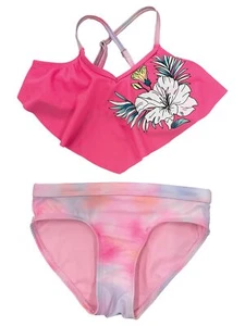 Justice Girls Pink Rainbow Floral 2pc Bikini Bathing Suit Swimsuit - Picture 1 of 2