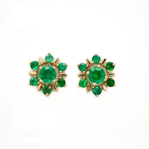 Green Emerald Gemstone Floral Stud Earrings Solid 14K Yellow Gold Fine Earrings - Picture 1 of 10