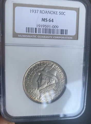 1937 ROANOKE Beautiful Commemorative Silver Half Dollar NGC MS 64 Cover