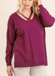 New UMGEE XL 1XL Burgundy Wine High Low hem Crossed V Neck Pullover Sweater - Picture 1 of 8