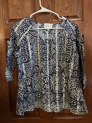 Blusa Sabine Anthropology Azul Crema Plata Brillante Manga 3/4 Ligera Pequeña Foto 1 de 4