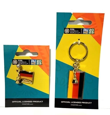 WOMENS WORLD CUP FIFA 2023 GERMANY TROPHY FLAG PIN AND KEYCHAIN SET FREE SHIP - Image 1 of 2
