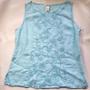 Susan Bristol Sky Blue Tank Blouse Top Medium Embroidered Floral Design Zip Side - Picture 1 of 17