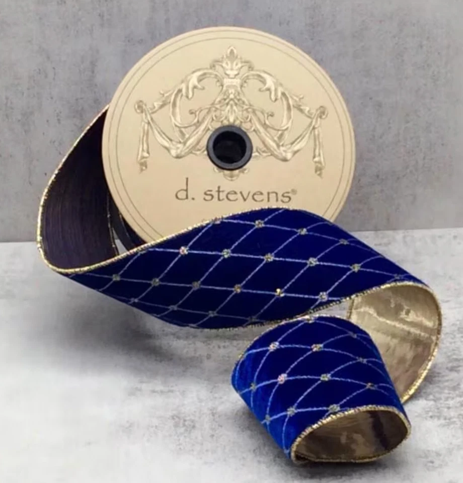 Velvet Diamond Embroidery Pattern Blue Ribbon 2.5" Christmas Tree Wreath Accent - Image 1 of 1