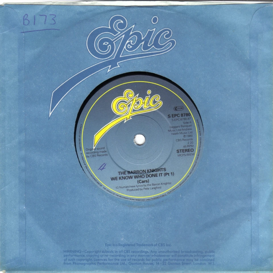 THE BARRON KNIGHTS - WE KNOW WHO DONE IT Pt 1 (Cars) b/w EVOLUTION 7" SINGLE VGC - Image 1 of 1