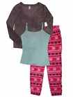 NWT$54 Junior Womens Gray/Pink Snowflake 3 Piece Fleece Pajamas Sleep Set XLARGE