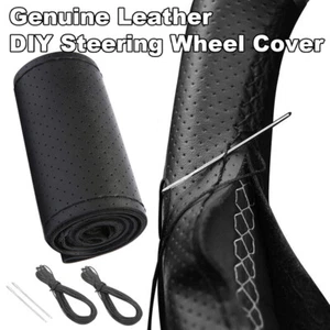 Genuine Leather DIY Car Steering Wheel Cover Anti-slip For 15"/38 cm Black US - Picture 1 of 8