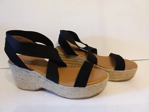 Qupid Black Strap Platform Wedge Espadrille Shoes Size 8 Black/Tan  - Picture 1 of 10