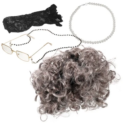  1 Set Grandma Wig Grandma Costume Prop Cosplay Glasses Necklace Glasses Chain - Image 1 of 4