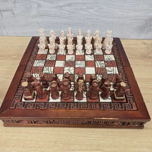 Handcrafted Aztec Mayan Themed Chess Set Resin Wooden Folding Board Brown Red - Picture 1 of 19