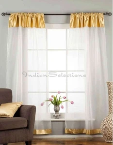 White with Gold Satin Rod Pocket Sheer Tissue Curtain / Drape / Panel-84"-Piece - Picture 1 of 3