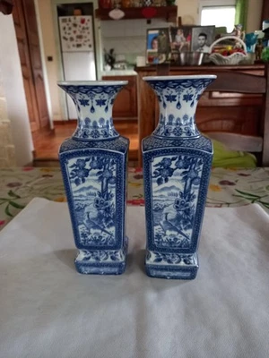 ANCIEN PAIRE DE VASES EN FAIENCE DE DELFT HOLLANDE PARFAIT ETAT SIGNÉ DEC 729 - Photo 1/4