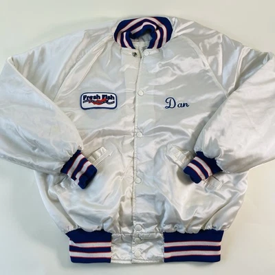 Vintage Delong Bomber Jacket Fresh Fish DAN USA White Blue Nylon Size Large - Image 1 of 4