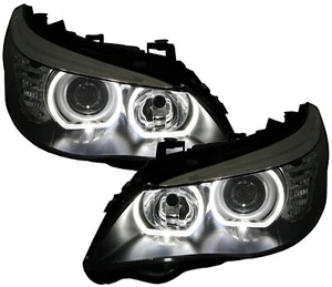 PHARE HALOGÈNE POUR BMW E60 E61 NOIR LED ANGEL EYES BLANC DÉPÔT D'ORIGINE - Photo 1/6