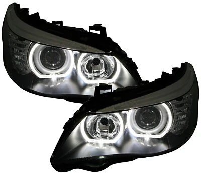 HALOGEN SCHEINWERFER FÜR BMW E60 E61 SCHWARZ LED ANGEL EYES WEIß ORIGINAL DEPO - Bild 1 von 4
