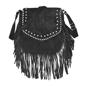 Women Classic Style Western Crossbody Suede Leather Handbag With Fringes & Studs - Picture 1 of 4