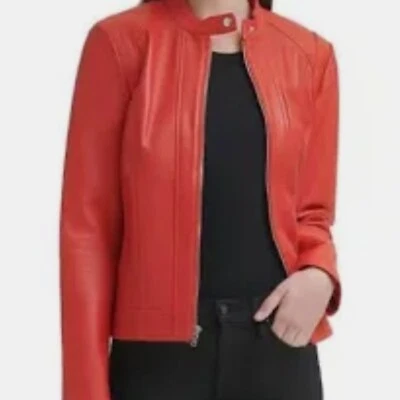 COLE HAAN Chaqueta Moto Cuero Cuello Soporte Rojo -S-¡NUEVA CON ETIQUETAS! $450 Foto 1 de 4