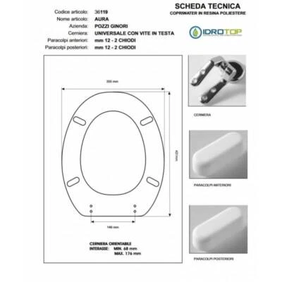 Copriwater Pozzi Ginori AURA-PIEMONTESINA BIANCO  Cerniera Cromo-Sedile-Asse Wc - Immagine 1 di 2
