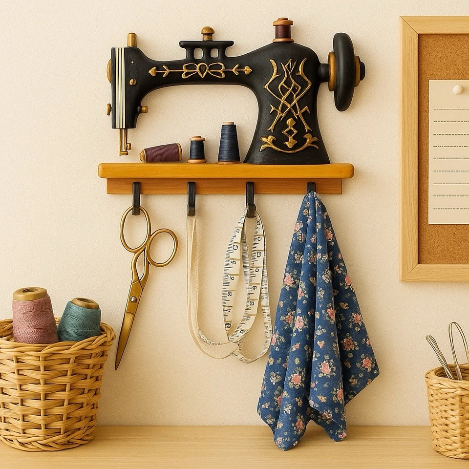 Estante de gancho de pared para máquina de coser vintage - almacenamiento decorativo, 13”x10”x2” Foto 1 de 4
