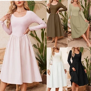 Women Long Sleeve Pocket Dress Casual Ladies Stretch T-Shirt Dresses Swing Dress - Picture 1 of 17