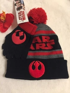 Disney Star Wars Boys Kids Trefoil Beanie Hat Pom w/Gloves Set-grey black Red - Picture 1 of 3