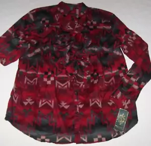 NWT LRL Ralph Lauren Jeans WINE/BLACK Aztec Geometric RUFFLED Blouse Ladies 1X - Picture 1 of 5