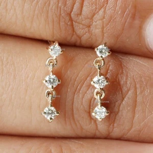 Natural Three Drop Diamond Tiny Studs Earrings Solid 14k Gold Trio Drop Sttuds - Picture 1 of 17