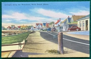 c1940 Linen Postcard Cottages Bathing Wells Beach Maine ME Waterfront Cars Autos - Picture 1 of 2